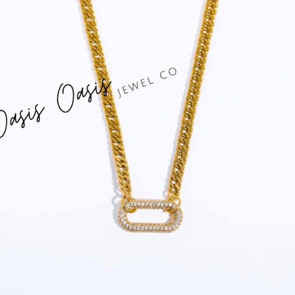 Unisex Gold (White & Green Crystal Stone) Link Chain Necklace - Picture 3 of 6